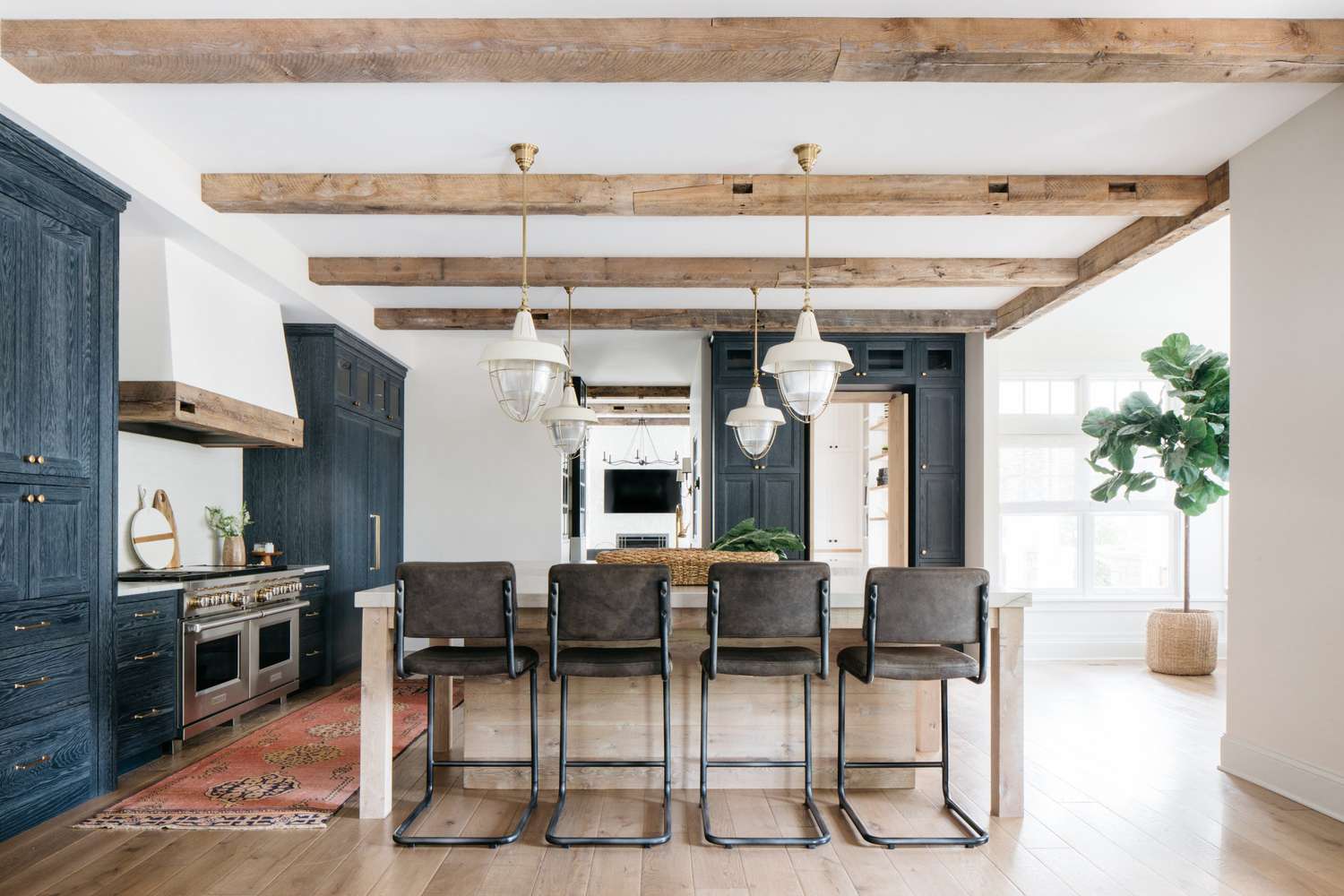 dark blue stained farmhouse kitchen cabinets