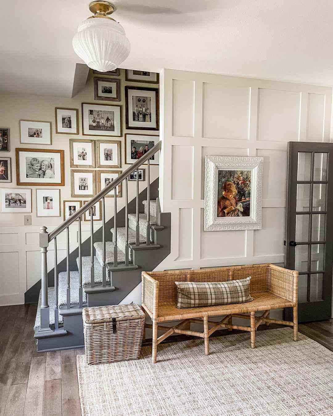 Entryway with glamorous pendant light.