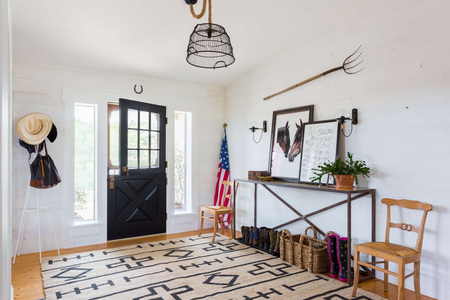 Entryway with rustic pendant light.