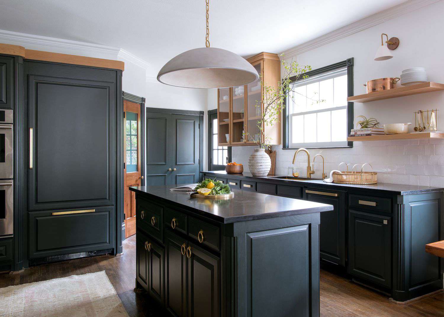 dark blue-green farmhouse kitchen cabinets