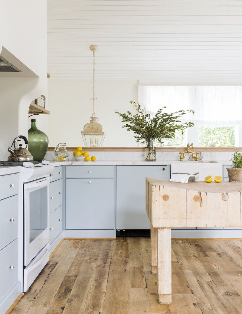 pale blue farmhouse kitchen cabinets