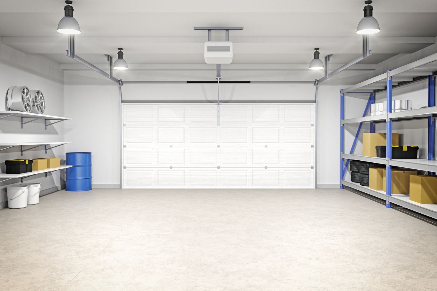 Garage mit mehreren Pendelleuchten