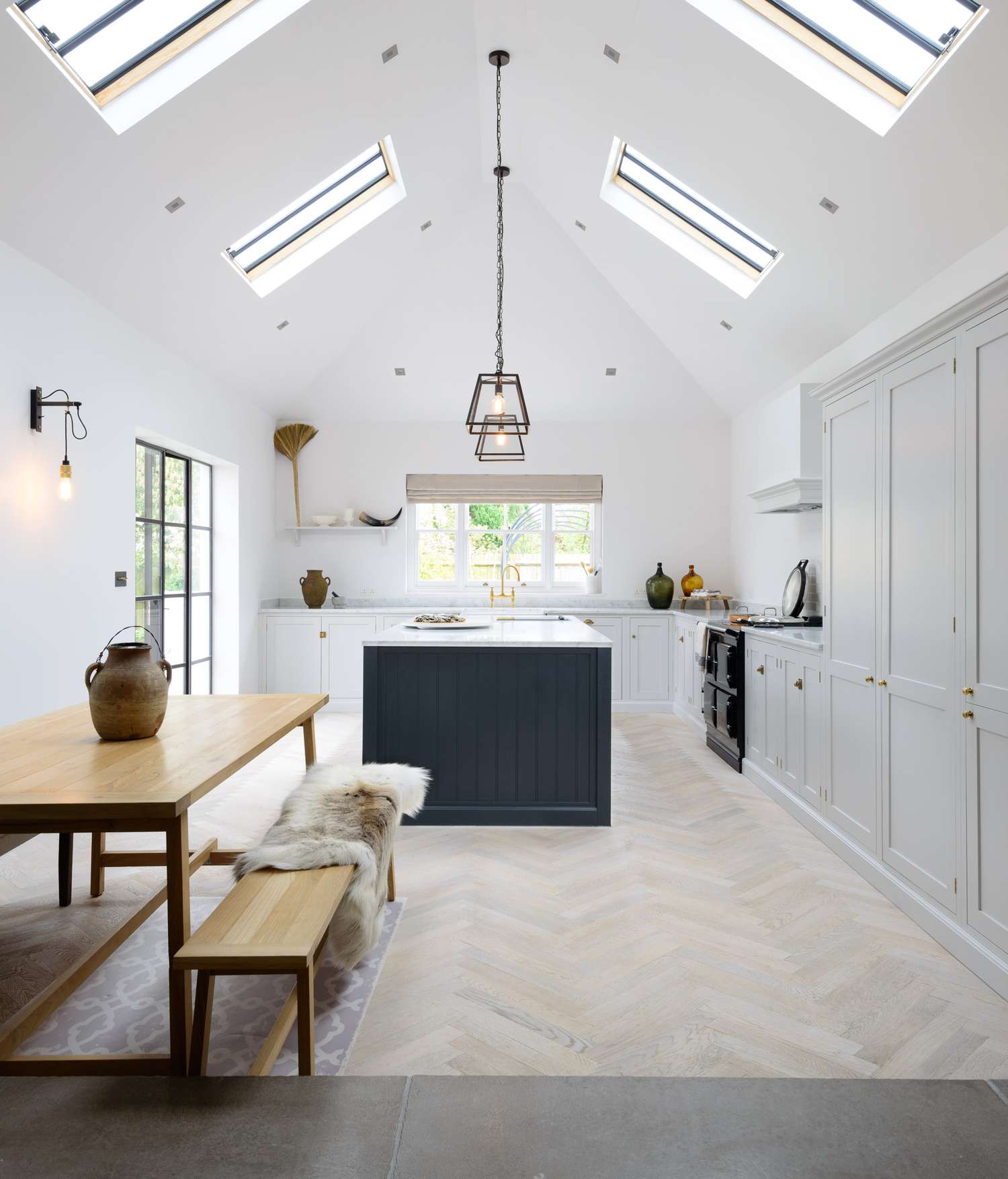 vaulted kitchen ceiling with skylights