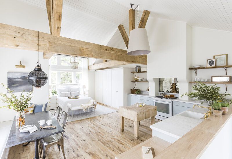 open-plan kitchen with vaulted ceiling