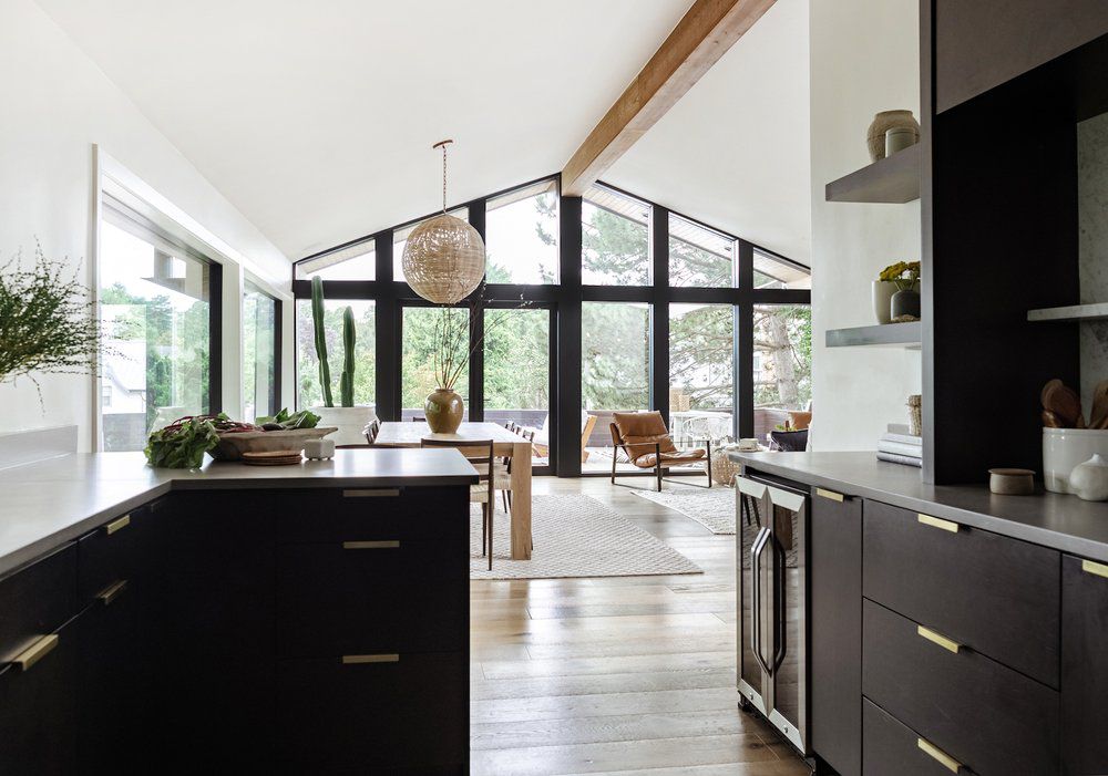 open-concept kitchen with vaulted ceilings