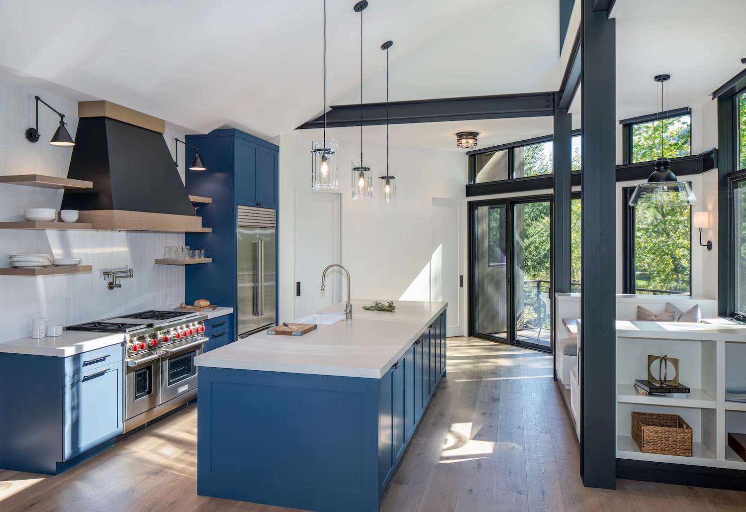 kitchen with black vaulted ceiling beams