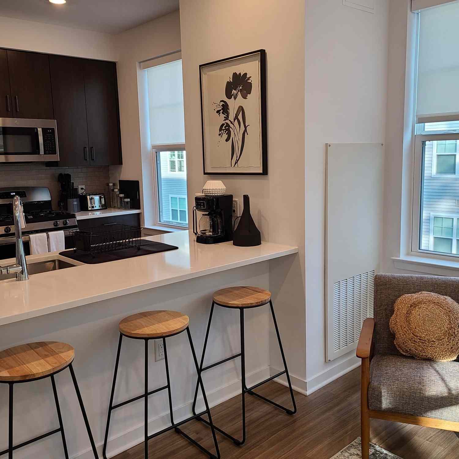 white kitchen countertops with black cabinets