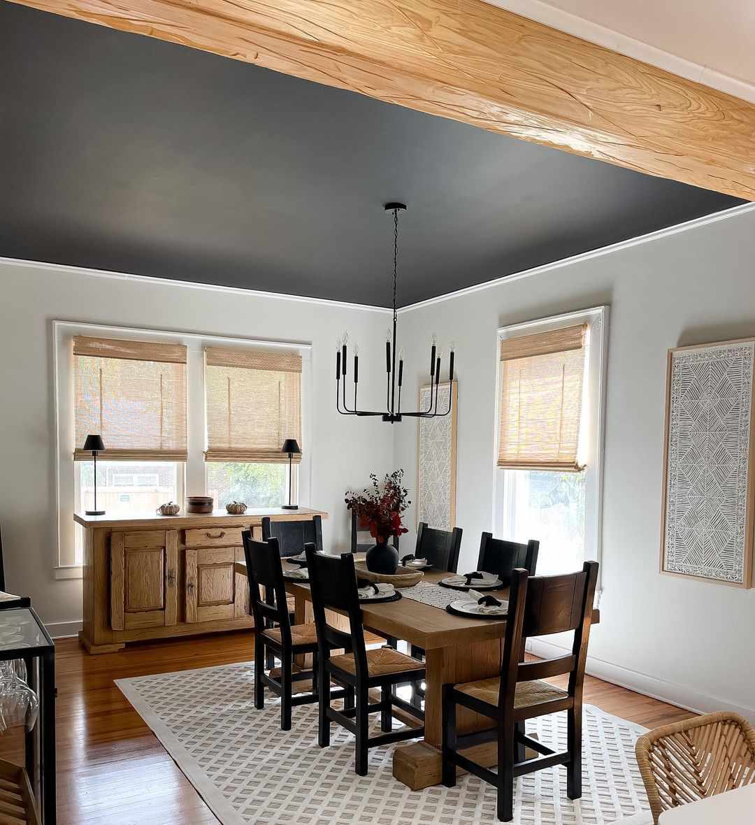 black ceiling with wood beam