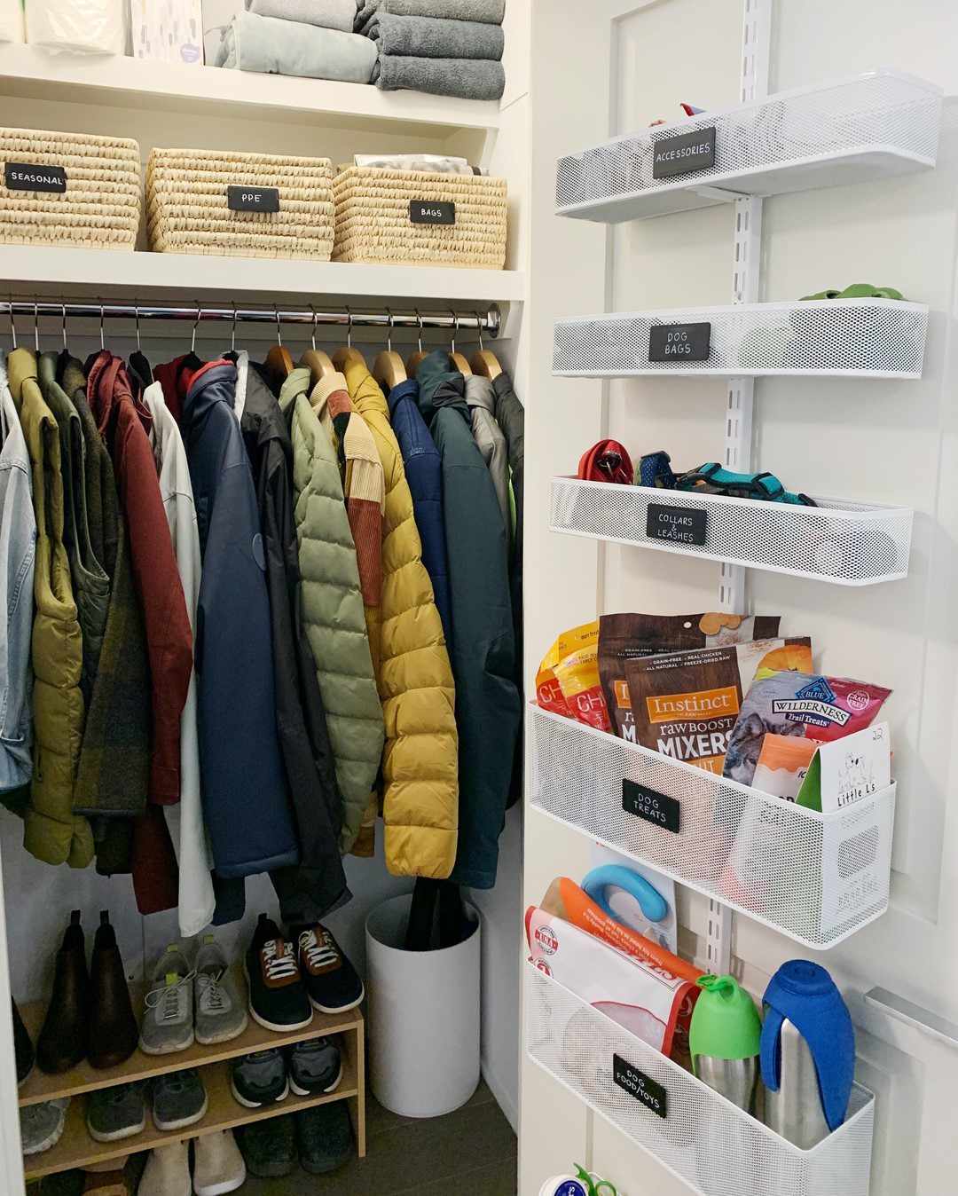 A hall closet with a wooden shoe rack