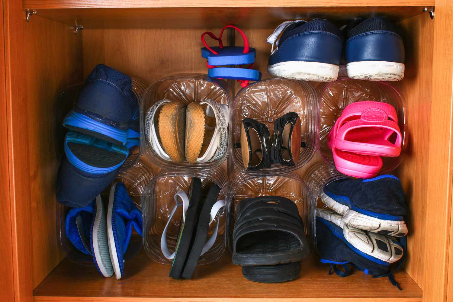 Shoes stored in recycled plastic bottles