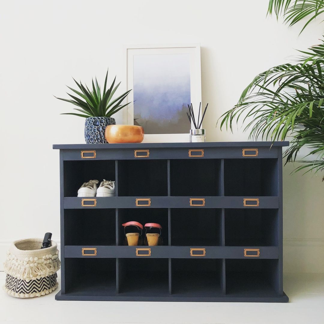 A shoe cabinet in an entryway