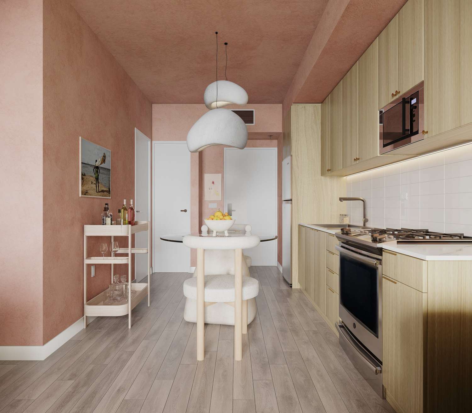 pink kitchen with modern pendant lights