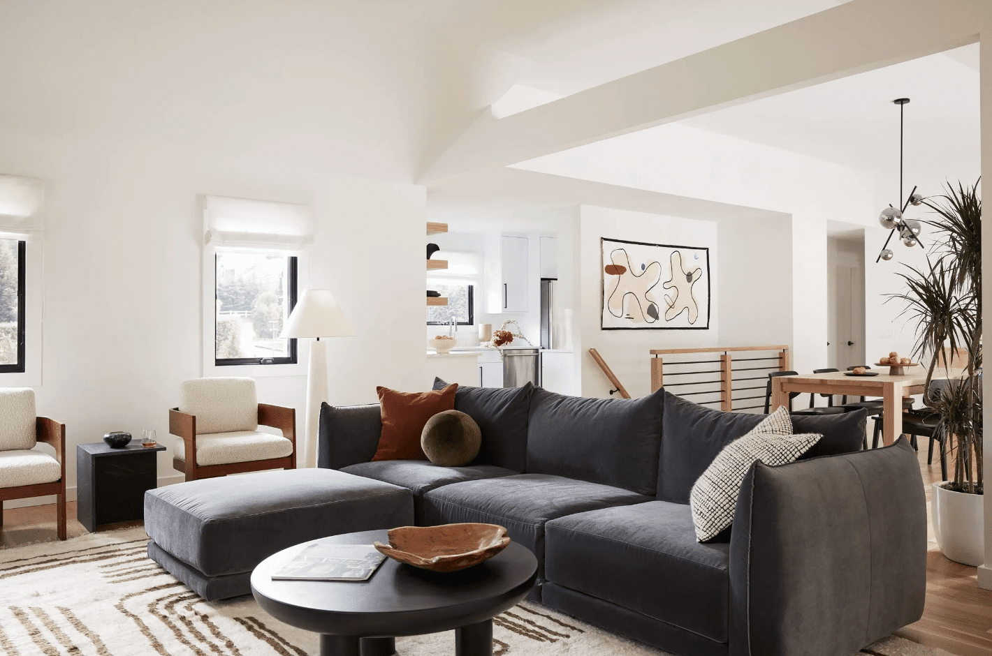 black and white living room with industrial accents