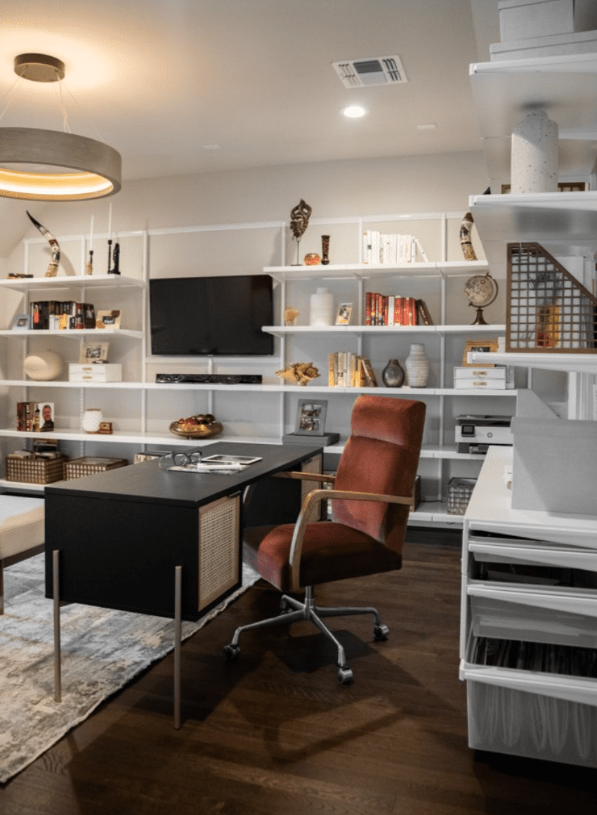 industrial shelving in home office and living room combination