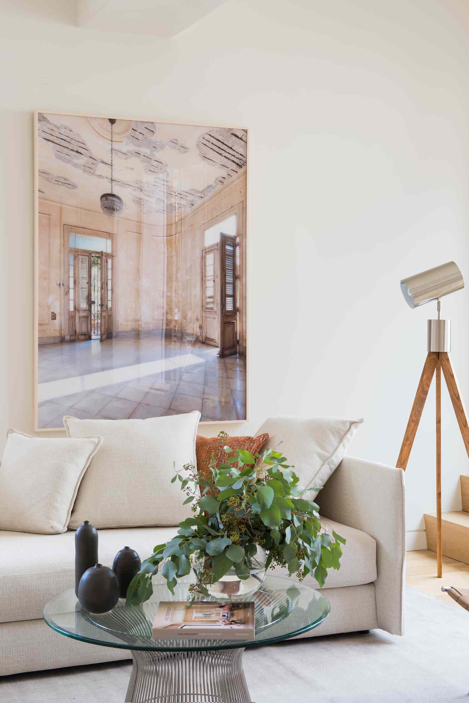 living room with telescope and industrial accents