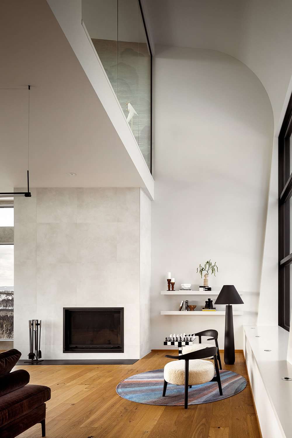 loft living room with high ceilings