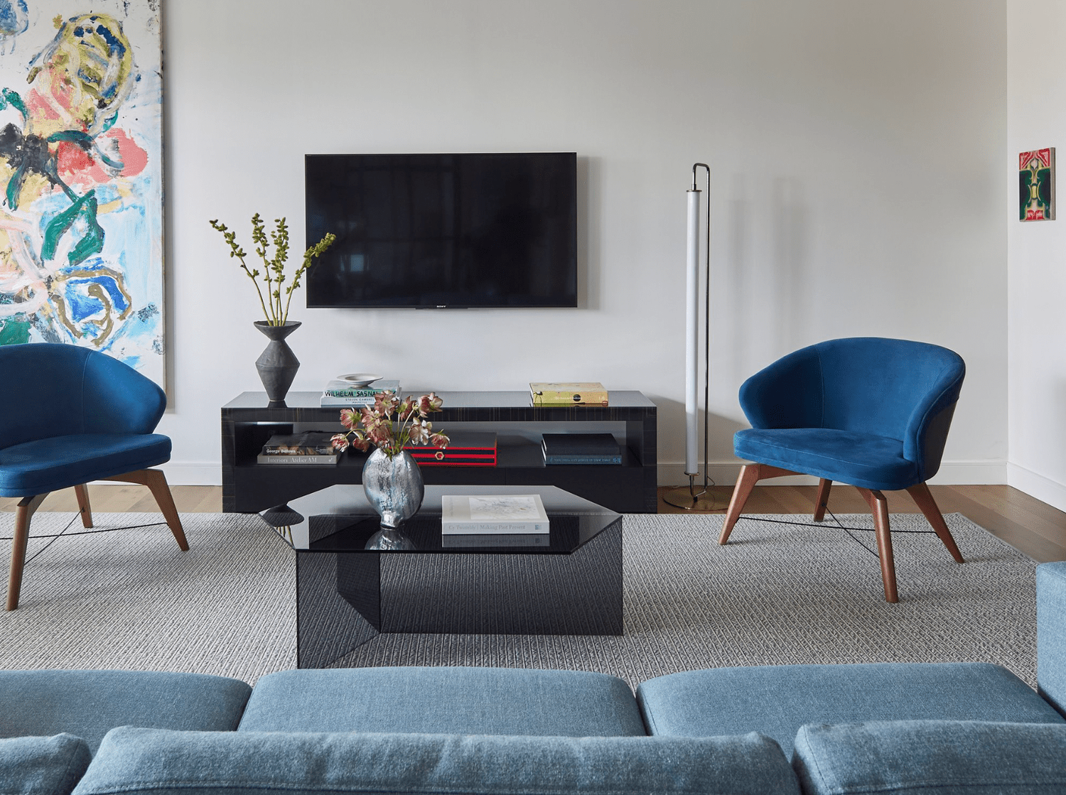 industrial and mid-century modern touches in living room