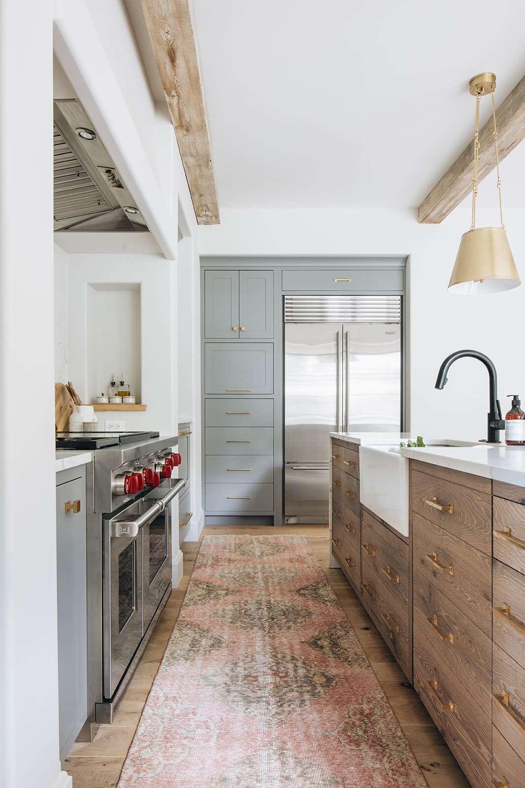 light gray-blue farmhouse kitchen cabinets