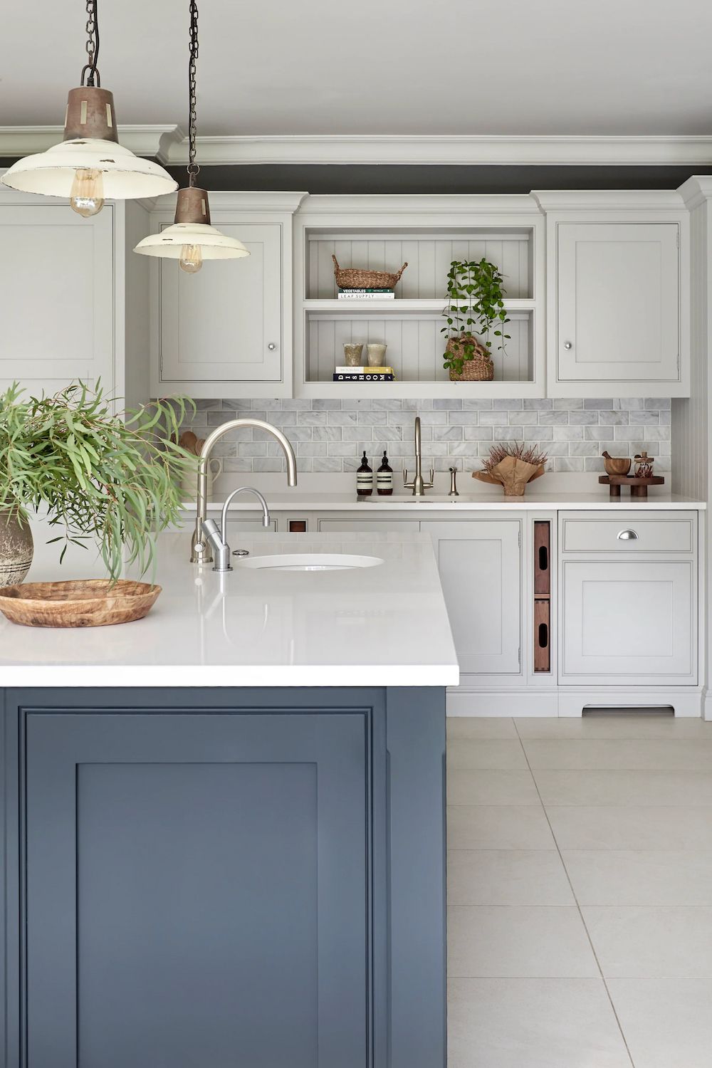 farmhouse smoky blue kitchen cabinets