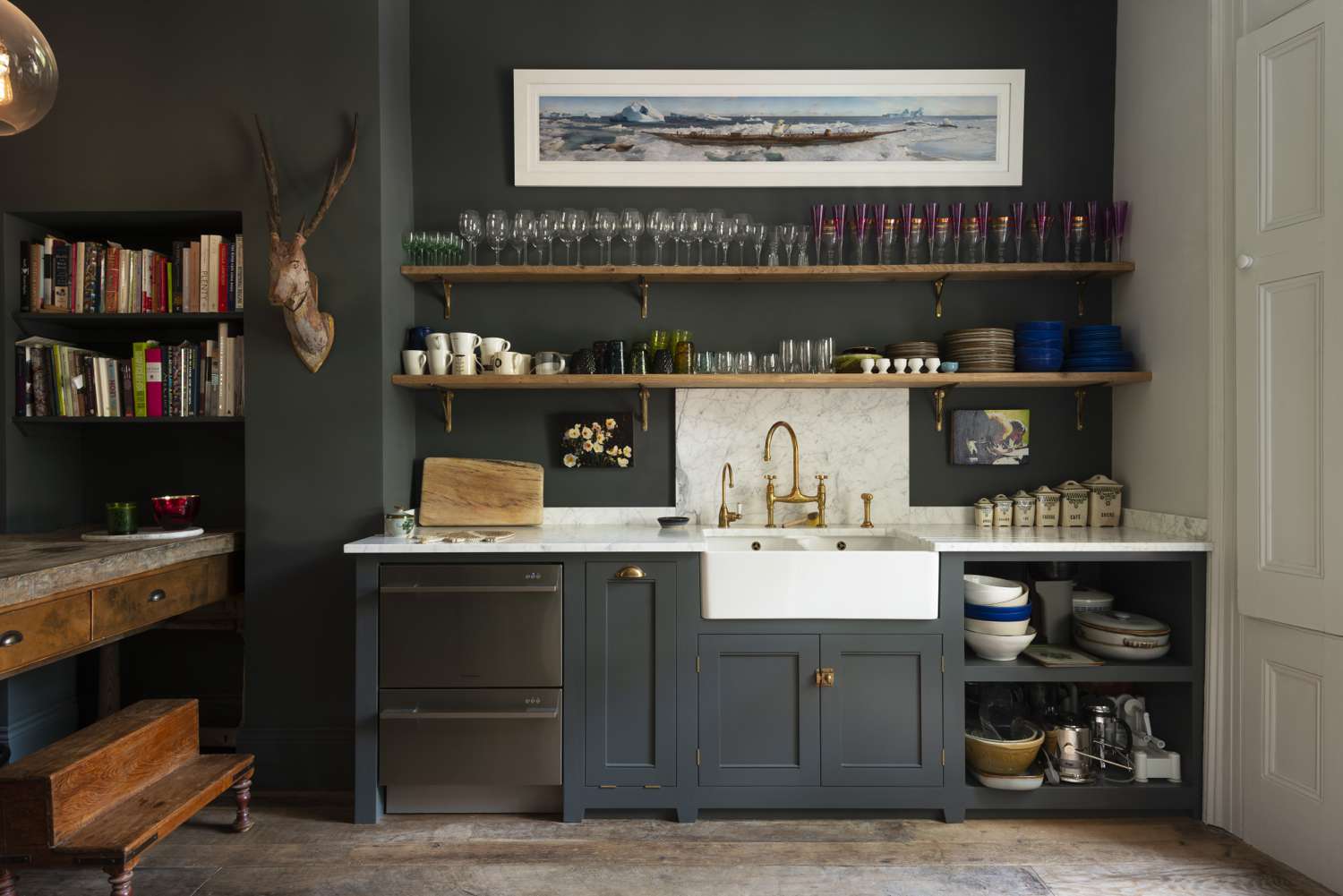 chalky dark blue farmhouse kitchen cabinets