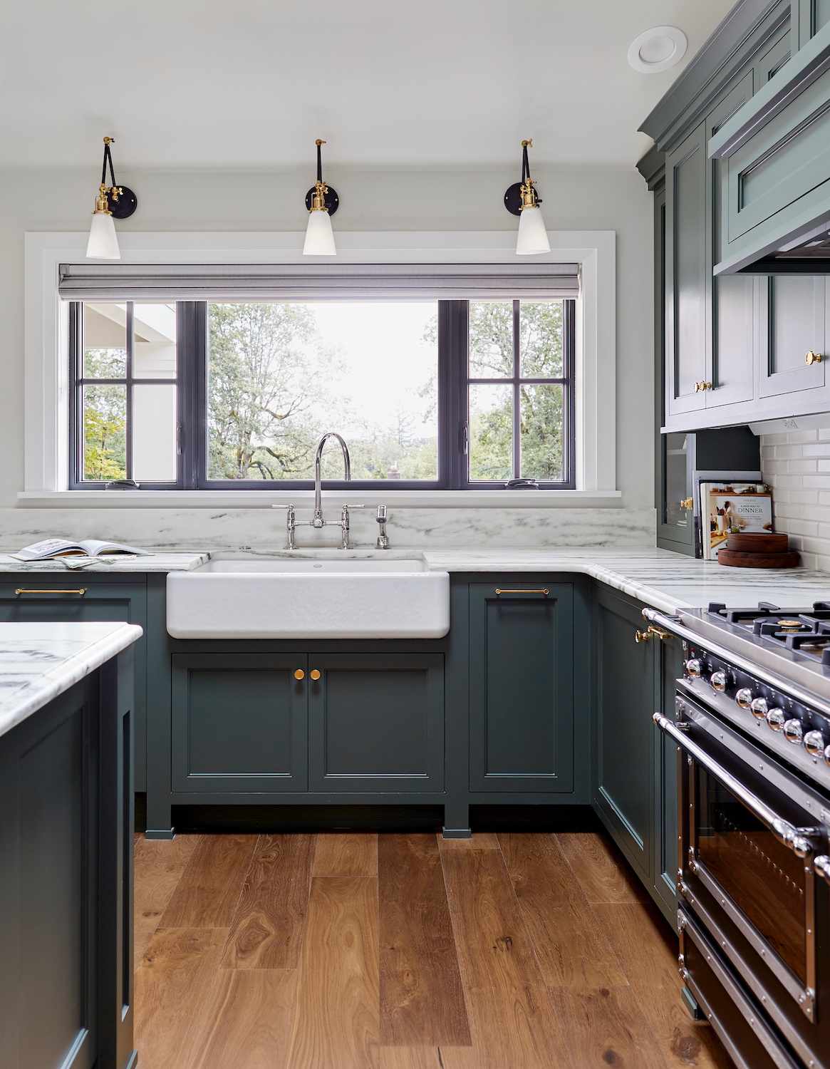 medium blue-green farmhouse kitchen cabinets