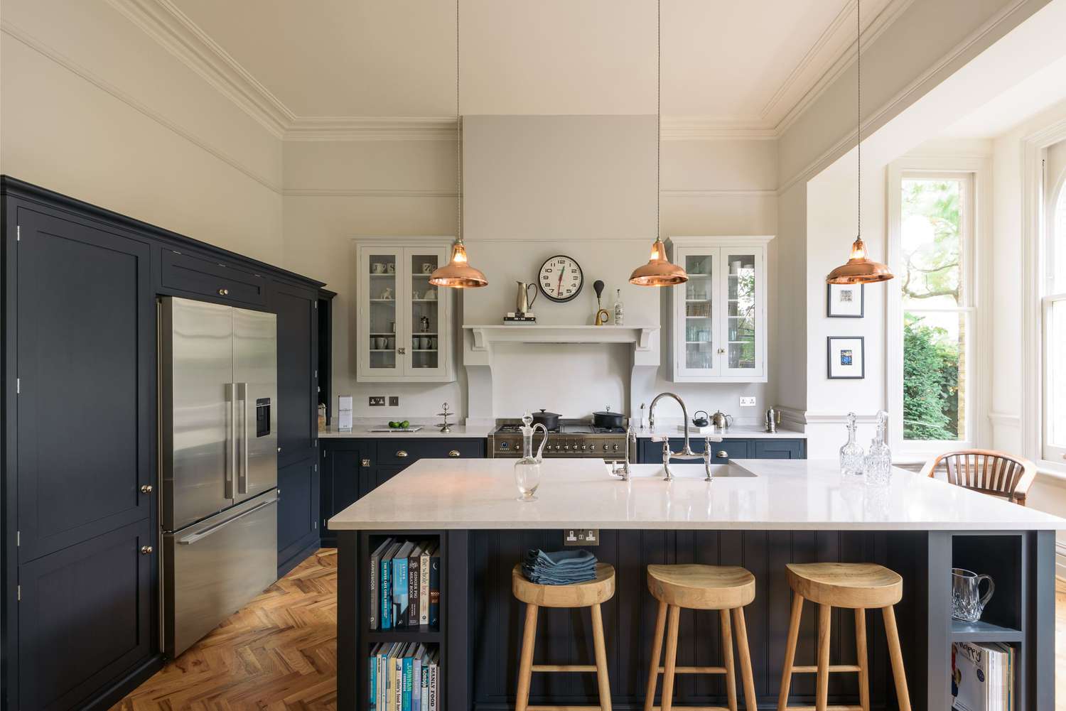 dark midnight blue farmhouse kitchen cabinets