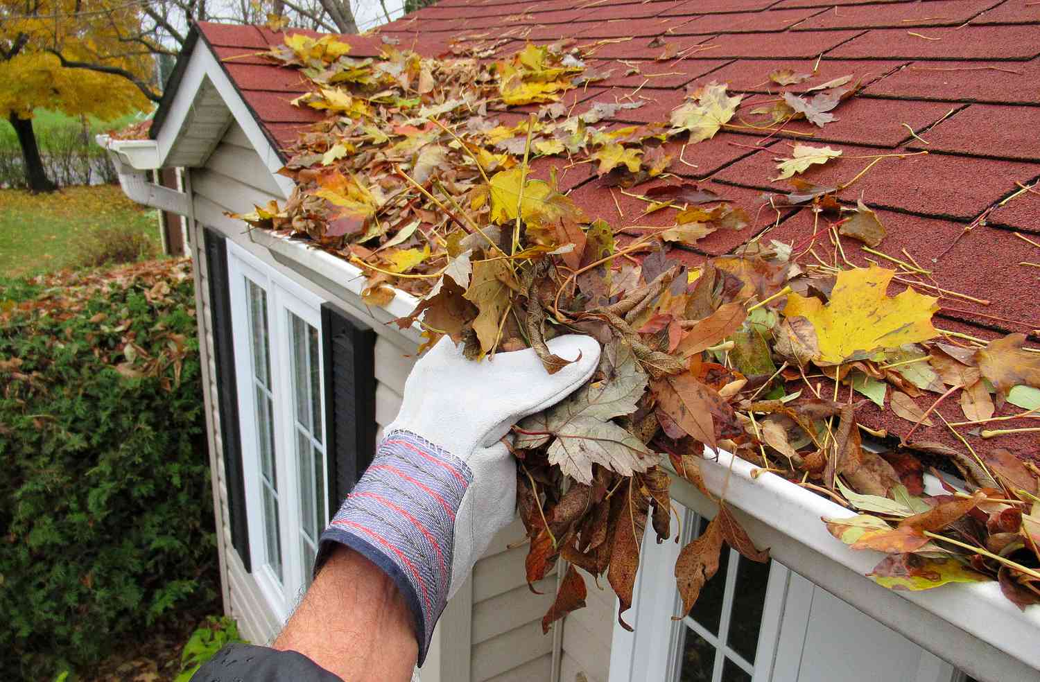 Reinigung von Herbstblättern aus den Dachrinnen