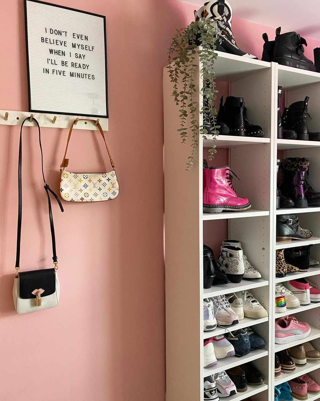 A bookshelf used as a shoe rack