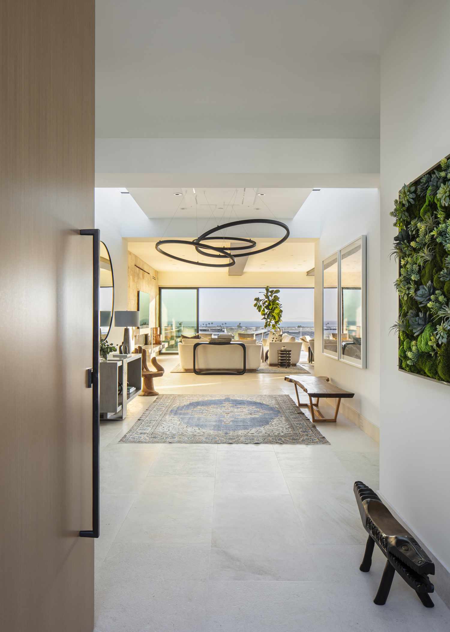 sculptural light fixture in living room