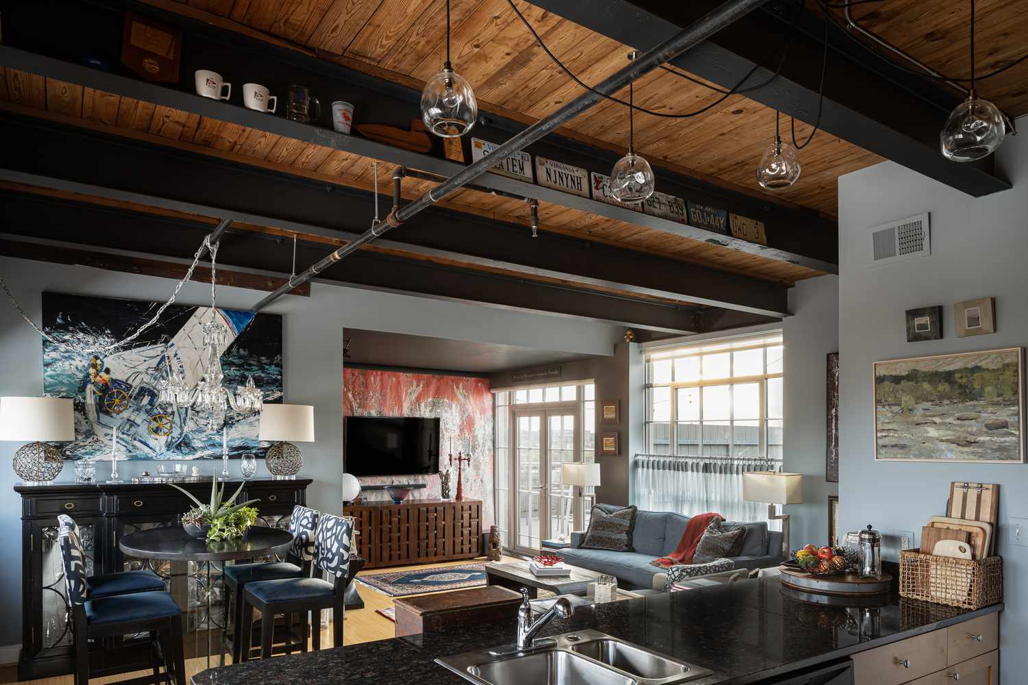 industrial living room with exposed beams