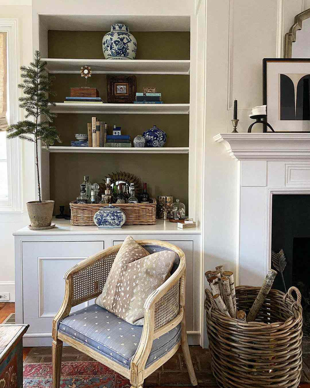 basket on open shelving