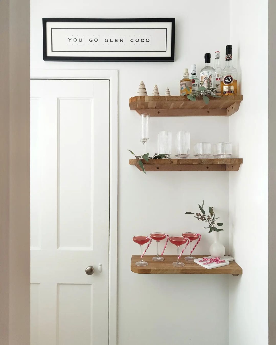 wooden shelves in corner