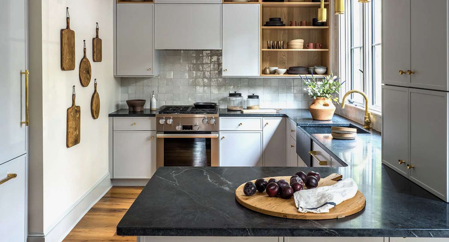 gray kitchen with zellige tile backsplash