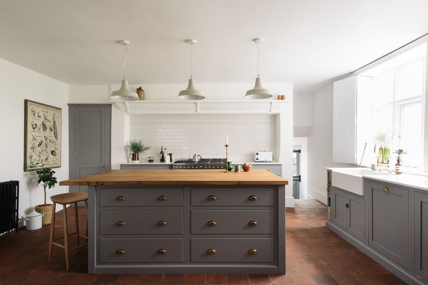 minimalist kitchen with gray base cabinets and island