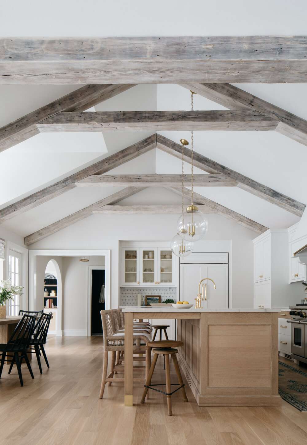 gray kitchen with rustic gray ceiling beams