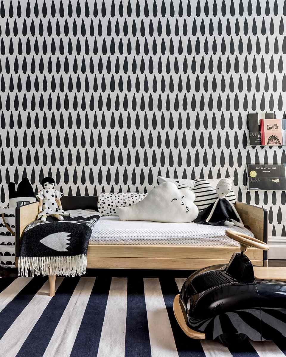 black-and-white child's room wallpaper