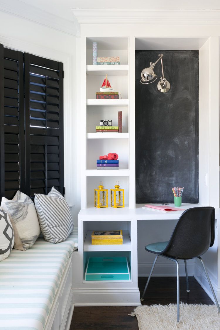 black-and-white child's room desk corner