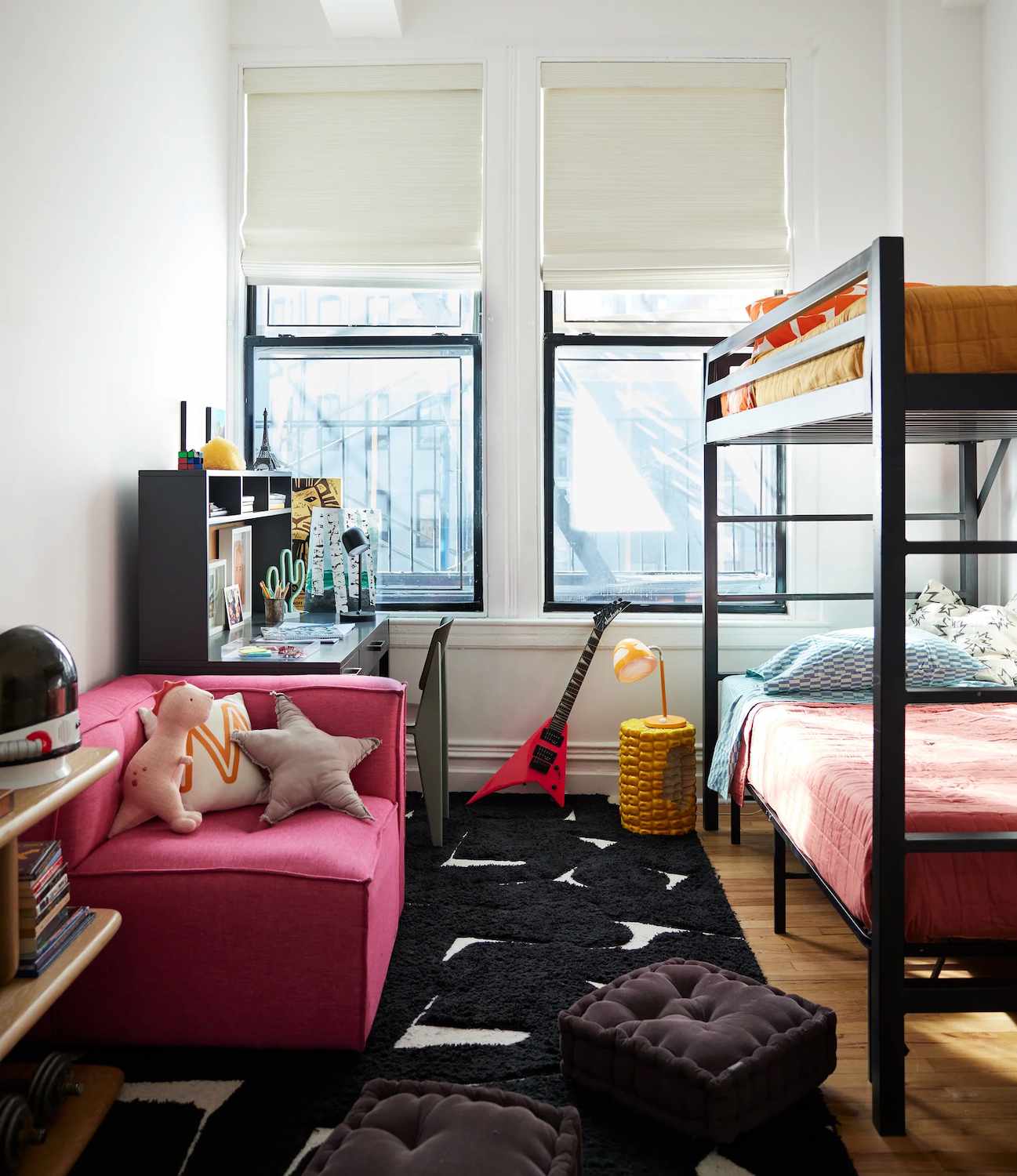 black and white child's bedroom with colorful accents