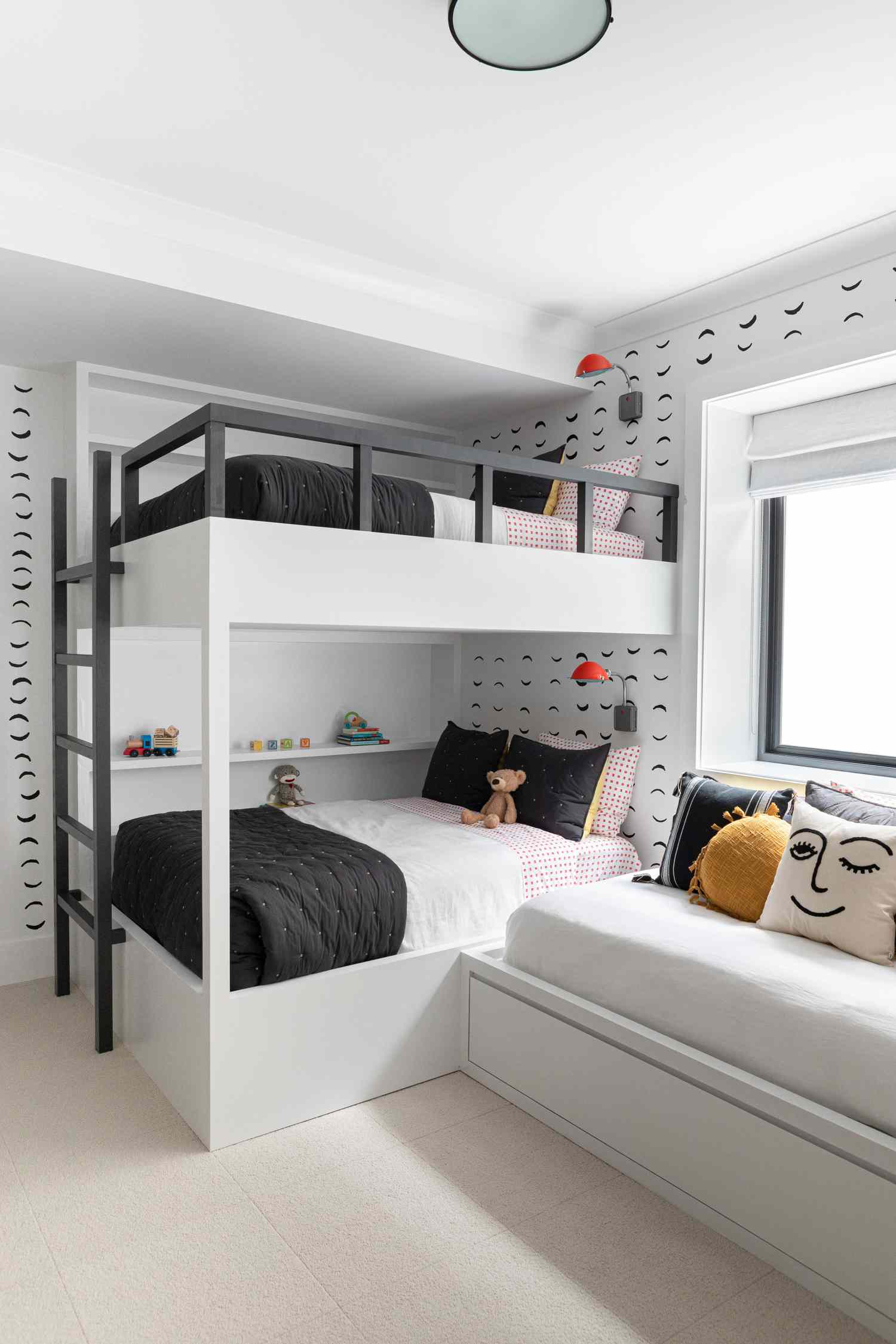 black-and-white children's bunk room