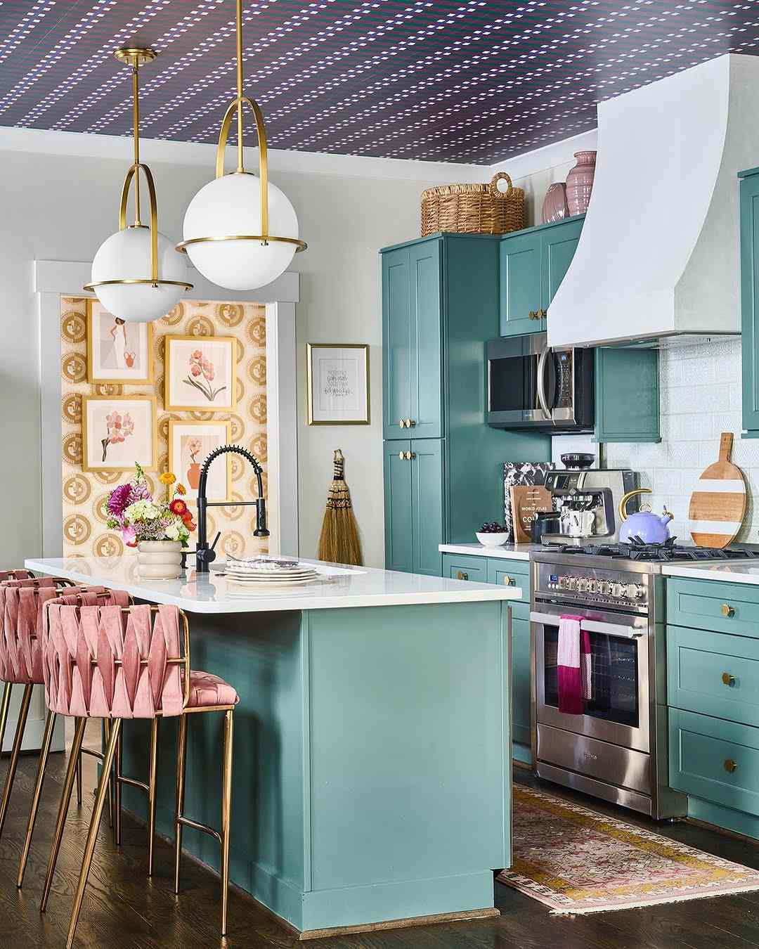 colorful eclectic kitchen with ceiling wallpaper