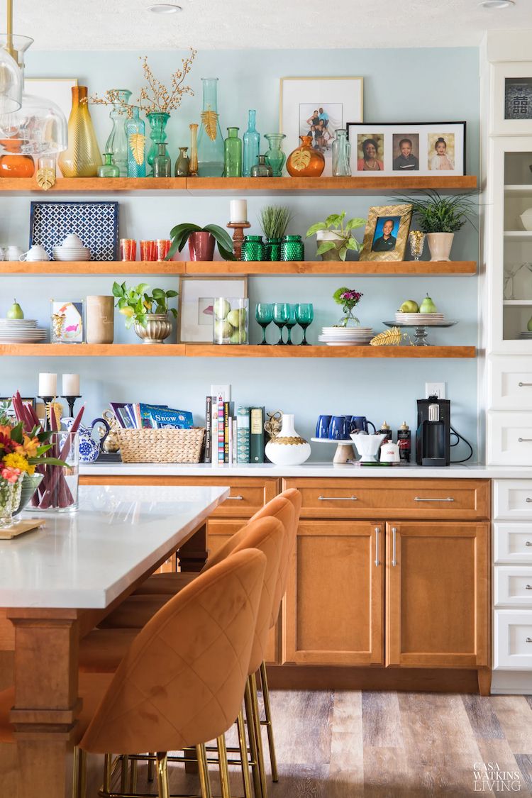 colorful kitchen with eclectic open shelf display