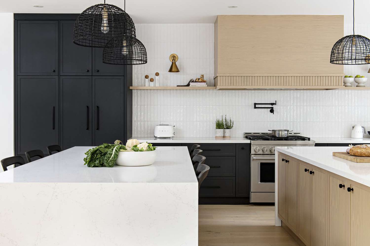 black wire pendant lights in a modern kitchen