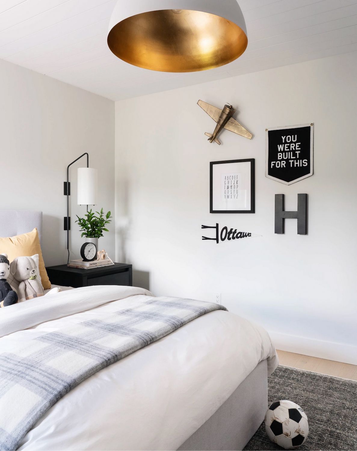 black-and-white child's room with metallic accents